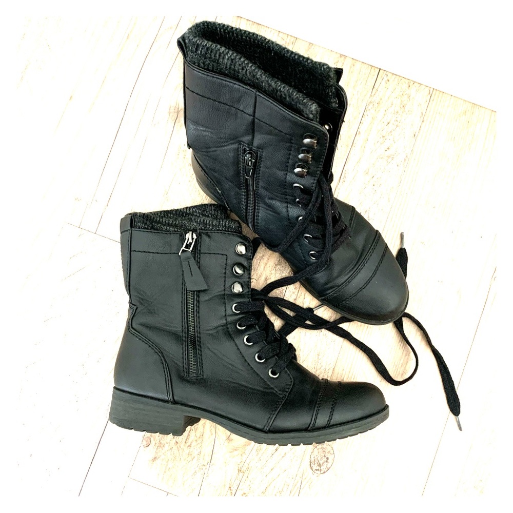 black lace-up combat boots w/ sweater cuffs